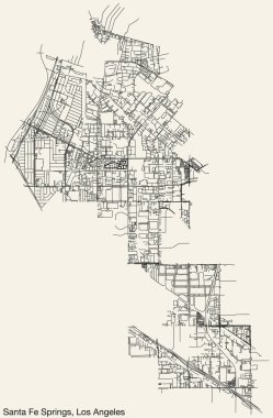 Amerikan LOS ANGELES CITY COUNCIL 'İN SANTA FE SPRINGS Şehrinin detaylı el çizimi şehir yolları haritası ve sağlam arkaplan üzerinde isim etiketi bulunan Birleşik Devletler
