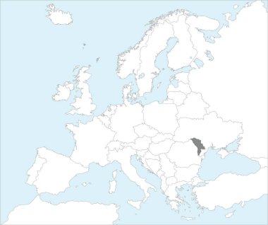 MOLDOVA 'nın gri CMYK ulusal haritası Mollweide projeksiyonu kullanılarak mavi zemin üzerinde Avrupa kıtasının ayrıntılı beyaz siyasi haritası