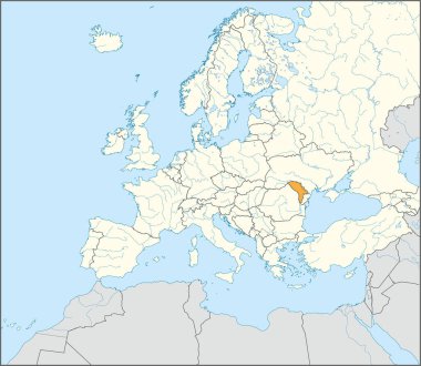 MOLDOVA 'nın turuncu CMYK ulusal haritası, Mercator projeksiyonu kullanılarak mavi zemin üzerinde nehirler ve göller bulunan Avrupa kıtasının ayrıntılı bej boş siyasi haritası