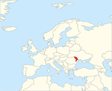 Kırmızı CMYK MOLDOVA 'nın ulusal haritası basitleştirilmiş bej, Avrupa kıtasının mavi zemin üzerindeki siyasi haritası Winkel Üçlü projeksiyonu kullanılarak