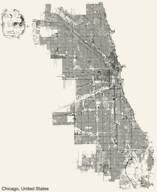 Amerika 'nın ChICAGO, ILLINOIS kentinin elle çizilmiş yol haritası ve sağlam arkaplanda isim etiketi var.