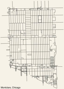 Amerika 'nın Chicago şehrinin MontCLARE COMUNITY AREA' sının ayrıntılı elle çizilmiş yol haritası ve sağlam arka plan üzerinde isim etiketi olan ILLINOIS