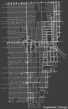 Şikago şehrinin ENGLEWOOD COMUNITY AREA 'sının ayrıntılı elle çizilmiş yol haritası ve sağlam arka plan üzerinde isim etiketi olan ILLINOIS