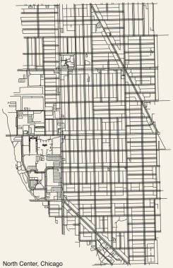 Amerika 'nın ChICAGO şehrinin Kuzey CENTER COMUNITY AREA' sının ayrıntılı el çizimi şehir yolları haritası ve sağlam arka plan üzerinde isim etiketi bulunan ILLINOIS