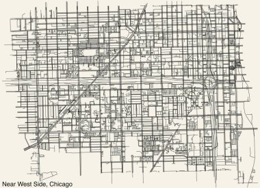 Amerika Birleşik Devletleri 'nin Chicago şehrinin batı yakası, ILLINOIS' in elle çizilmiş yol haritası ve sağlam arkaplanda isim etiketi var.