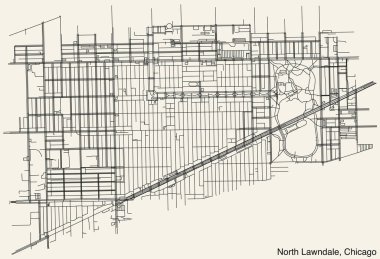 Amerika 'nın ChICAGO şehrinin Kuzey LAWNDALE COMUNITY AREA' sının ayrıntılı elle çizilmiş yol haritası ve sağlam arka plan üzerinde isim etiketi bulunan ILLINOIS