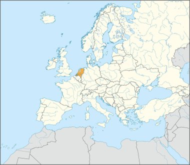 Avrupa kıtasının nehirleri ve gölleri mavi arka planda Mercator projeksiyonu kullanılarak detaylı bej boş siyasi haritası içerisindeki Turuncu CMYK ulusal NETHERLANDS haritası