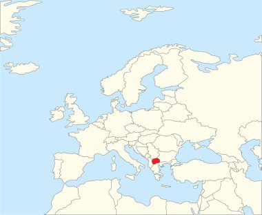 Kırmızı CMYK NORTH MACEDONIA ulusal haritası basitleştirilmiş bej rengi Avrupa kıtasının mavi arkaplan üzerindeki siyasi haritası Winkel Tripel projeksiyonu kullanılarak