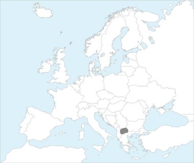 Gri CMYK NORTH MACEDONIA ulusal haritası Mollweide projeksiyonu kullanılarak mavi zemin üzerinde Avrupa kıtasının ayrıntılı beyaz siyasi haritası