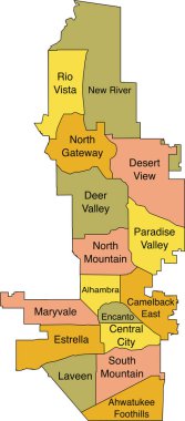 Pastel düz vektör idari haritası PHOENIX, ARIZONA siyah sınır çizgileri ve şehir köylerinin isim etiketleri ile