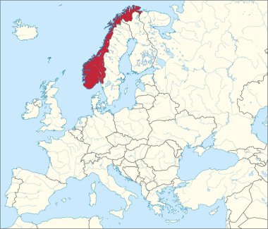 Kırmızı CMYK ulusal NORway haritası Avrupa kıtasının detaylı bej boş siyasi haritasında Mercator projeksiyonu kullanılarak mavi zemin üzerinde nehirler ve göller ile