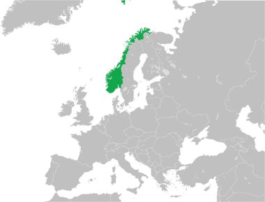 Mercator projeksiyonu kullanılarak şeffaf arkaplanda göller bulunan Avrupa kıtasının ayrıntılı gri, boş siyasi haritası içindeki yeşil CMYK ulusal NORWay haritası