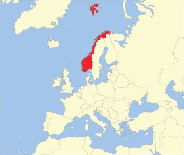 Kırmızı CMYK ulusal NORway haritası Mollweide projeksiyonu kullanılarak mavi zemin üzerinde Avrupa kıtasının detaylı bej boş siyasi haritası