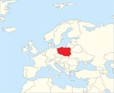 Kırmızı CMYK POLAND ulusal haritası basitleştirilmiş bej boş Avrupa kıtasının haritası Winkel Üçlü projeksiyonu kullanılarak mavi arkaplan üzerinde