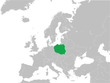 Yeşil CMYK POLAND ulusal haritası, Mercator projeksiyonu kullanılarak şeffaf arkaplanda göller bulunan Avrupa kıtasının ayrıntılı gri boş siyasi haritası