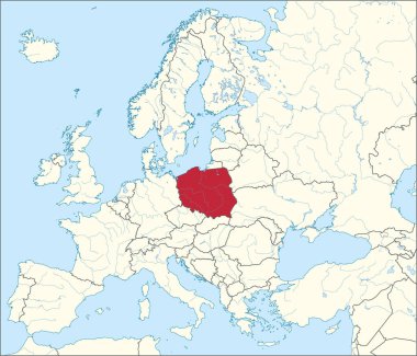 Kırmızı CMYK POLAND ulusal haritası Avrupa kıtasının detaylı bej boş siyasi haritasında Mercator projeksiyonu kullanılarak mavi arka planda nehirler ve göller