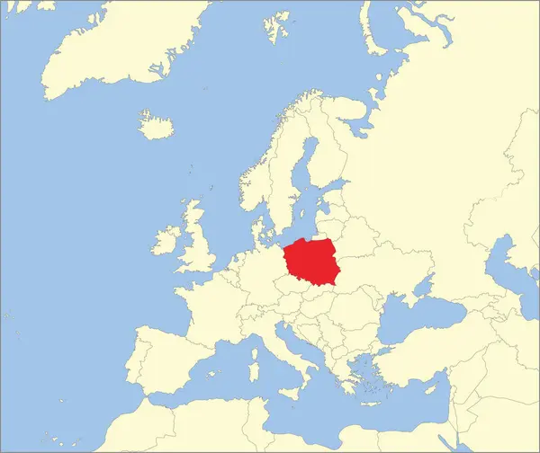 モルワイド投影を使用して青い背景にヨーロッパ大陸の詳細なベージュの空白の政治マップ内のポランドの赤いCmykの全国地図 ストックベクター