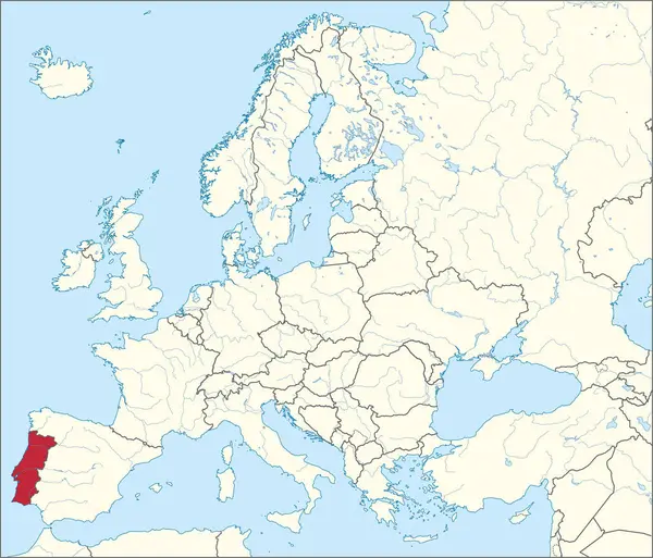 メルケーター投影を使用して青い背景に川と湖を持つヨーロッパ大陸の詳細なベージュの空白の政治地図内の赤いCmykの全国地図 ロイヤリティフリーのストックイラスト
