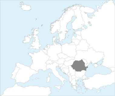 Mollweide projeksiyonu kullanılarak mavi zemin üzerinde Avrupa kıtasının detaylı beyaz siyasi haritası içindeki Gri CMYK ulusal ROMANIA haritası