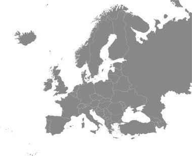 SAN MARINO 'nun siyah CMYK ulusal haritası Mercator projeksiyonu kullanılarak şeffaf arkaplan üzerinde Avrupa kıtasının ayrıntılı gri boş siyasi haritası