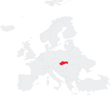 Kırmızı CMYK SLOVAKIA ulusal haritası, Avrupa kıtasının gri boş siyasi haritası içinde, Robinson projeksiyonu kullanılarak şeffaf arkaplan üzerinde