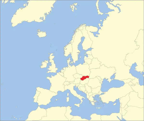 モルウェイドプロジェクションを使用した青い背景のヨーロッパ大陸の詳細なベージュの空白の政治マップ内のSlovakiaの赤いCmykの全国地図 ストックイラスト