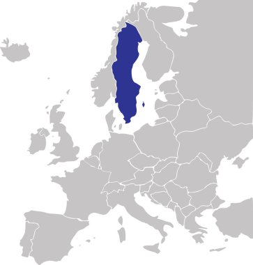 Avrupa kıtasının sadeleştirilmiş gri, boş siyasi haritasının içinde Mercator projeksiyonu kullanılarak şeffaf arkaplan üzerinde mavi CMYK ulusal SWEDEN haritası