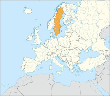 Avrupa kıtasının nehirleri ve gölleri mavi arka planda Mercator projeksiyonu kullanılarak detaylı bej boş siyasi haritası içindeki Turuncu CMYK ulusal SWEDEN haritası