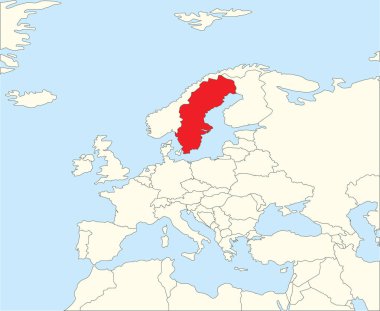 Avrupa kıtasının basitleştirilmiş bej boş siyasi haritası içinde Winkel Üçlü Projeksiyonu kullanılarak mavi arkaplan üzerinde kırmızı CMYK ulusal SWEDEN haritası