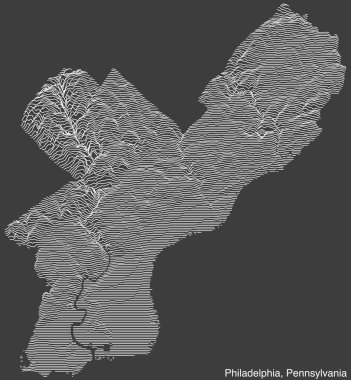 PHILADELPHIA, PENNSYLVANIA 'nın topografik abartılmış yardım haritası, sağlam dış hatları ve klasik arka planda isim etiketi ile