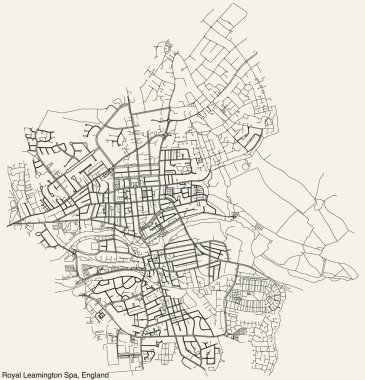 Birleşik Krallık şehir merkezi ROYAL LeAMINGTON SPA, ENGLAND 'ın elle çizilmiş yol haritası ve sağlam arka planda isim etiketi