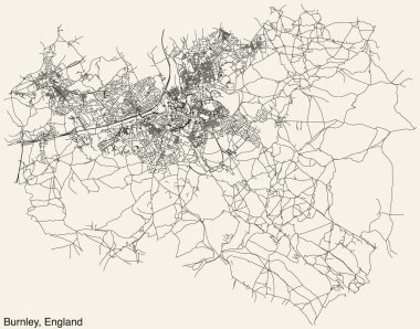 Birleşik Krallık 'ın BURNLEY, İngiltere şehir merkezinin elle çizilmiş yol haritası ve sağlam arka planda isim etiketi var.