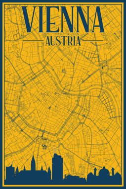 VİENNA şehir merkezinin sarı ve mavi çerçeveli posteri, AUSTRIA vurgulanmış klasik şehir silueti ve harfleri