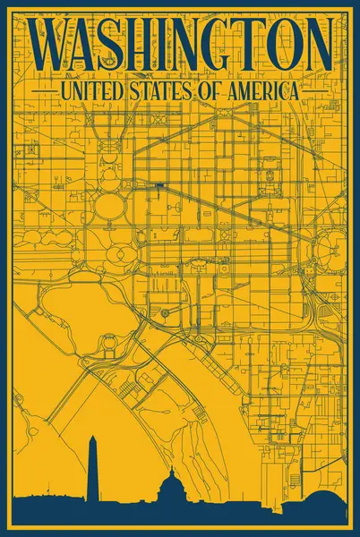 Washington DC şehir merkezinin sarı ve mavi çerçeveli posteri, Amerika Birleşik Devletleri vurgulanmış klasik şehir silueti ve harfleri