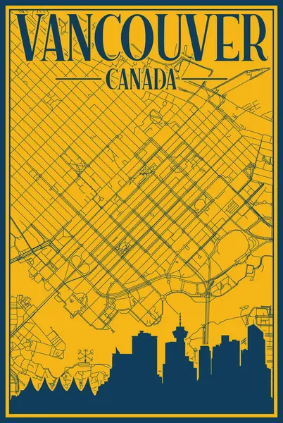 VANCOUVER şehir merkezinin sarı ve mavi çerçeveli posteri, CANADA vurgulanmış klasik şehir silueti ve harfleri