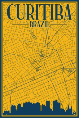 Şehir merkezindeki CURITIBA 'nın sarı ve mavi çerçeveli posteri, vurgulanmış klasik şehir silueti ve harfleriyle BRAZIL