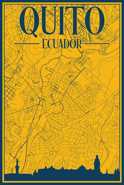 Желто-синий нарисованный вручную плакат центра города QUITO, ЭКВАДОР с подчеркнутым винтажным городским горизонтом и наклоном