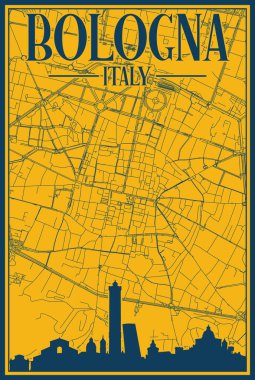 BOLOGNA 'nın sarı ve mavi çerçeveli posteri, İtalya vurgulanmış klasik şehir silueti ve harfleri