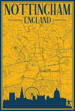 Sarı ve mavi el yapımı NOTTINGHAM, ENGLAND şehir silueti ve harfleri vurgulanmış