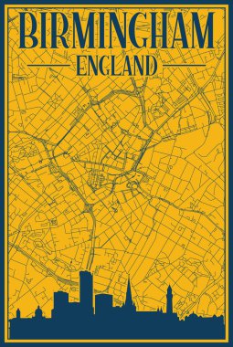 Sarı ve mavi el çizimi poster şehir merkezindeki BIRMINGHAM, ENGLAND vurgulanmış klasik şehir silueti ve harfleri