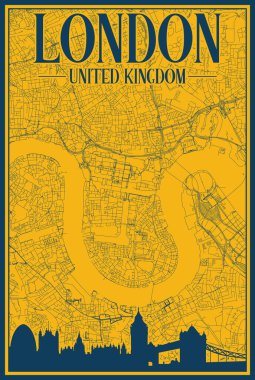 Sarı ve mavi çerçeveli poster Londra şehir merkezi, İngiltere vurgulanmış klasik şehir silueti ve harfleri ile