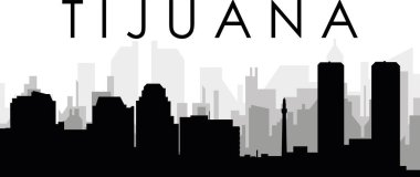 TİJUANA 'nın arka planında gri sisli şehir binaları olan siyah şehir silueti manzarası, şehir ismi etiketli MEXICO
