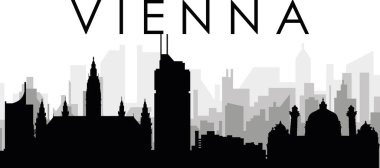 VİENNA 'nın arka planında gri sisli şehir binaları olan siyah şehir manzarası gökyüzü manzarası, şehir isim etiketli AUSTRIA