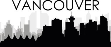 VANCOUVER 'un arka planında gri sisli şehir binaları olan siyah şehir silueti manzarası, CANADA