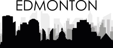 EDMONTON, CANADA 'nın arka planında gri sisli şehir binaları olan siyah şehir manzaralı gökyüzü manzarası