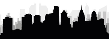 PHILADELPHIA 'nın arka planında gri sisli şehir binalarıyla siyah şehir manzarası manzarası, AMERICA Birleşik Devletleri