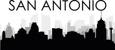SAN ANTONIO 'nun arka planında gri sisli şehir binalarıyla siyah şehir manzarası manzarası, AMERICA' nın Birleşik Devletleri