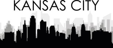 KANSAS Şehri 'nin arka planında gri sisli şehir binalarıyla siyah şehir manzarası manzarası, AMERİKA' nın Birleşik Devletleri