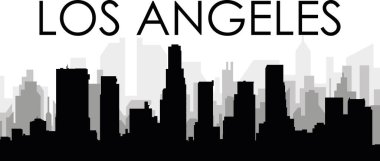 LOS ANGELES, Amerika Birleşik Devletleri 'nin arka planında gri sisli şehir binalarıyla siyah şehir manzarası manzarası