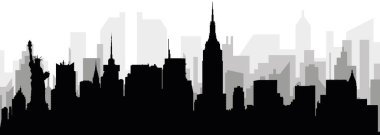 New York Şehri 'nin arka planında gri sisli şehir binalarıyla siyah şehir manzarası manzarası, AMERICA Birleşik Devletleri